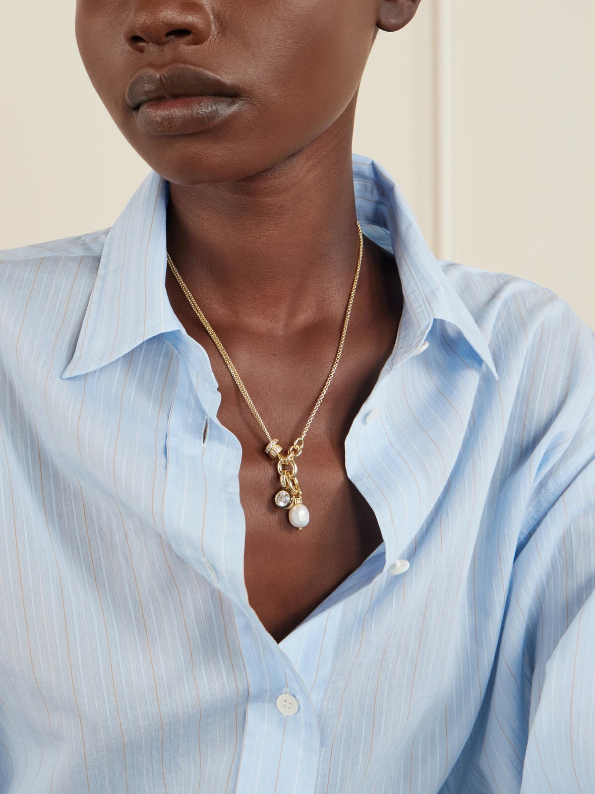 Image of Necklaces. Product name - The Double Drop Gold-tone, Cubic Zirconia And Enamel Necklace in Multi colour by brand - Roxanne Assoulin