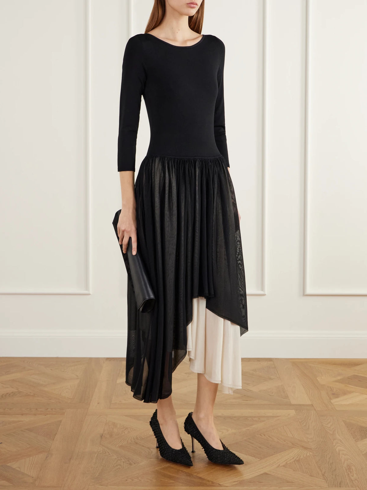 Image of Dresses. Product name - Asymmetric Gathered Jersey Midi Dress in Black colour by brand - Maria McManus