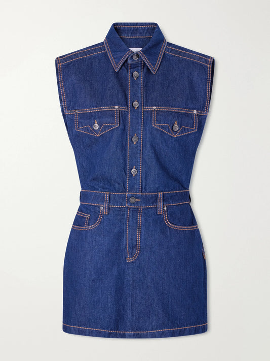 Image of Dresses. Product name - Paneled Denim Mini Dress in Dark denim colour by brand - Versace