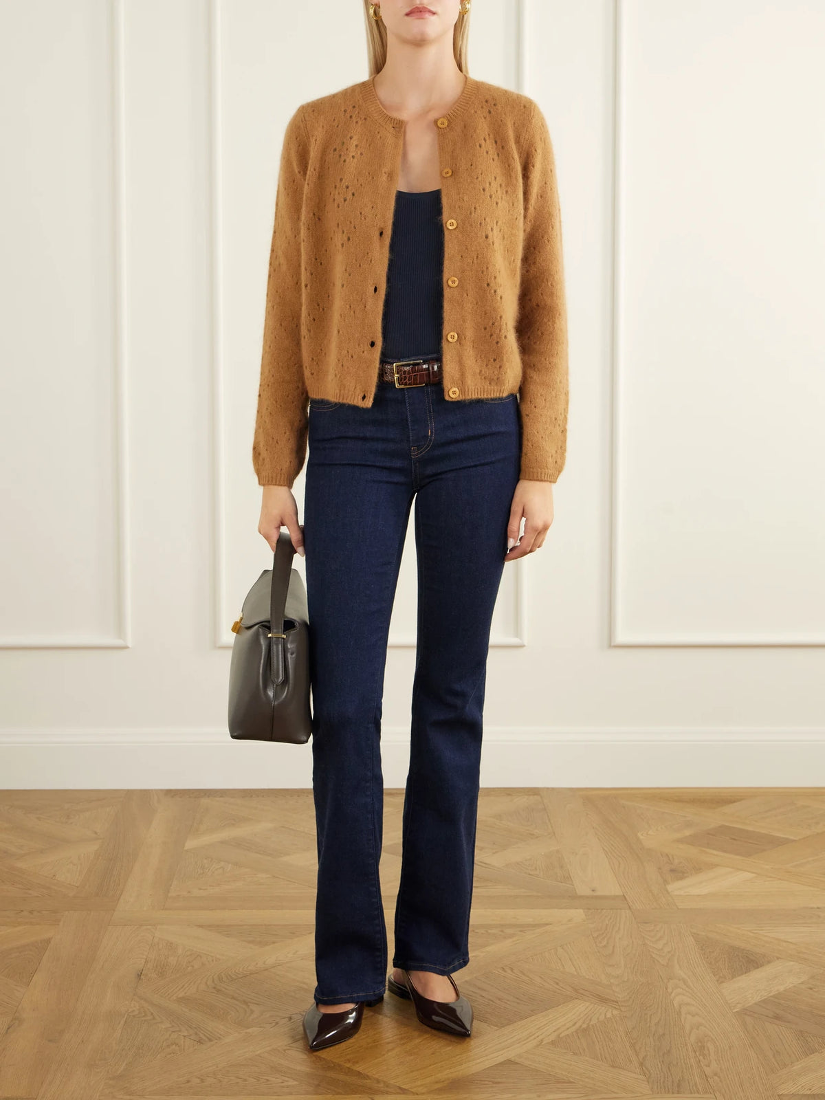 Image of a model wearing Outerwear. Product name - The Cashmere Airy Teddy Cardi Wool And Cashmere-blend Cardigan in Camel colour by brand - FRAME