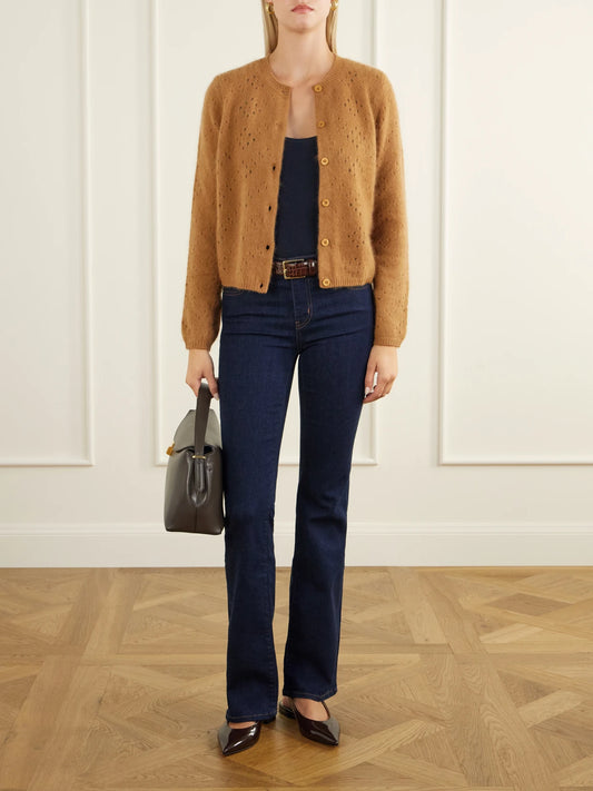 Image of a model wearing Outerwear. Product name - The Cashmere Airy Teddy Cardi Wool And Cashmere-blend Cardigan in Camel colour by brand - FRAME