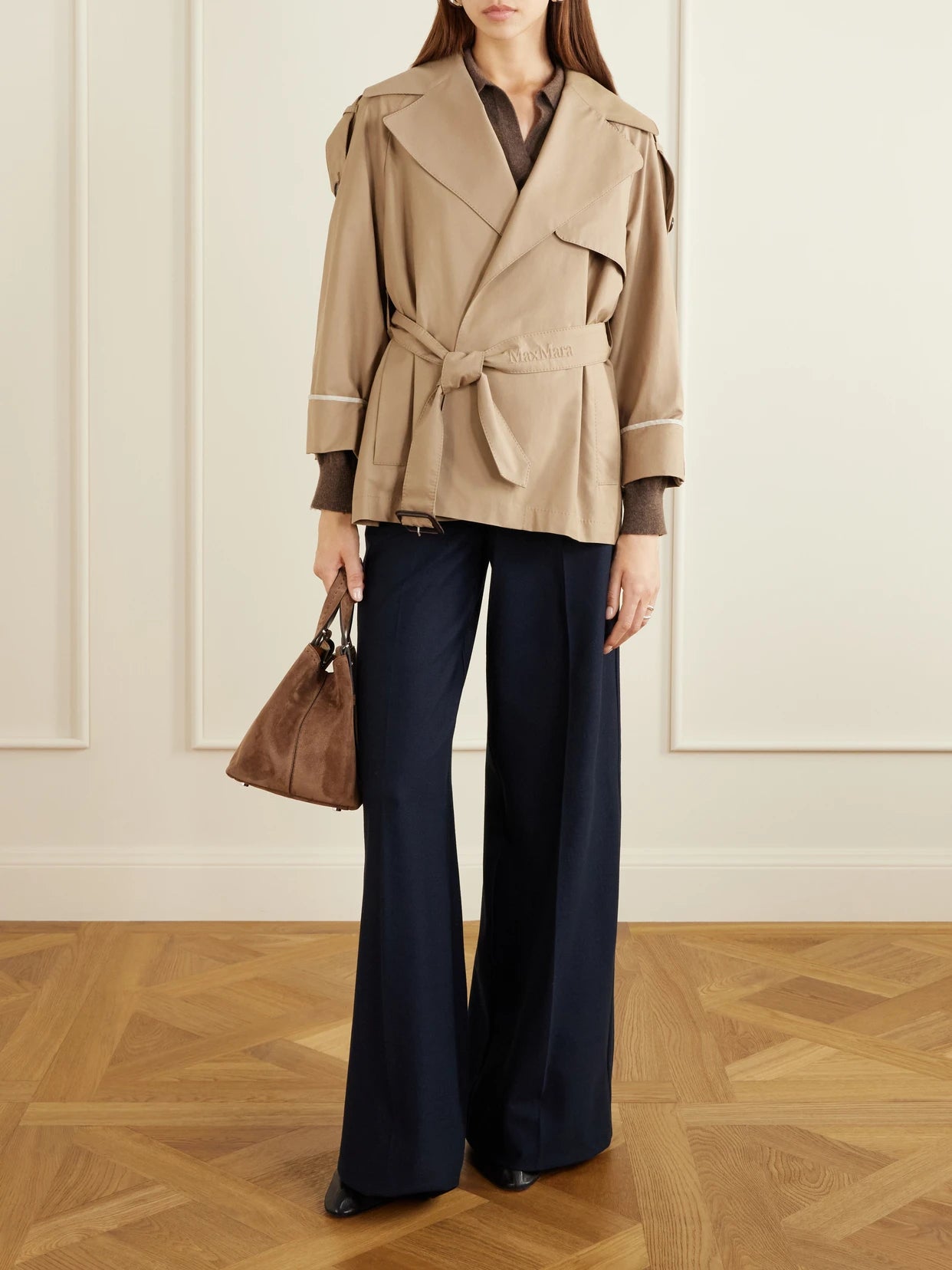 Image of Coats & Jackets. Product name - Cropped Belted Cotton-blend Trench Coat in Camel colour by brand - Max Mara