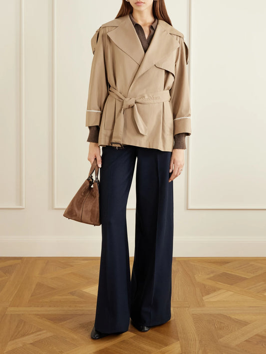 Image of Coats & Jackets. Product name - Cropped Belted Cotton-blend Trench Coat in Camel colour by brand - Max Mara