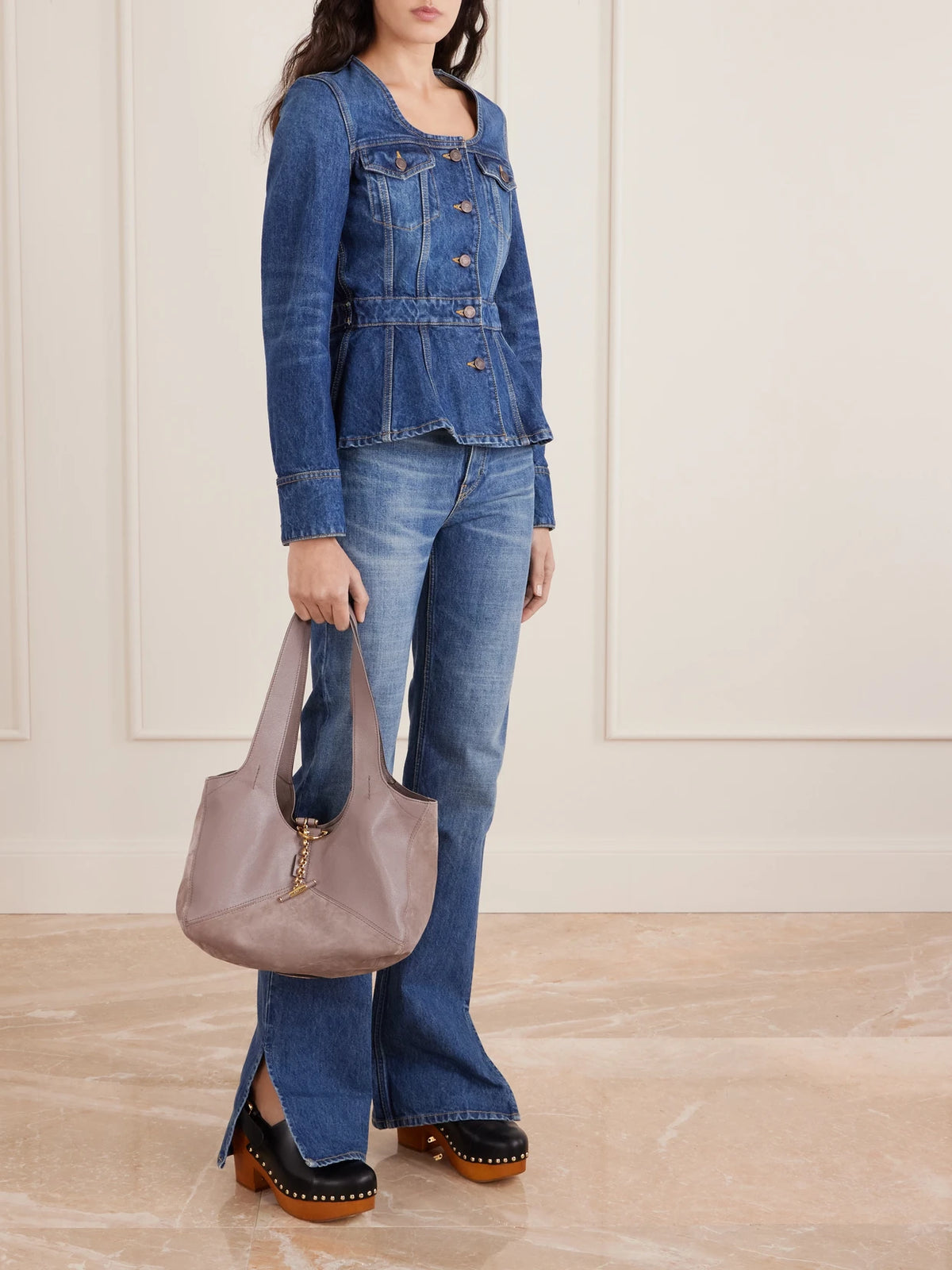Image of Bags. Product name - Balloon Leather-trimmed Suede Tote Bag in Gray colour by brand - Chloé