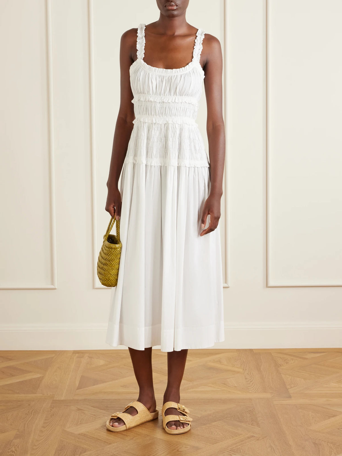 Image of Flats. Product name - Mellow Logo-embellished Raffia And Leather Sandals in Brown colour by brand - Tory Burch