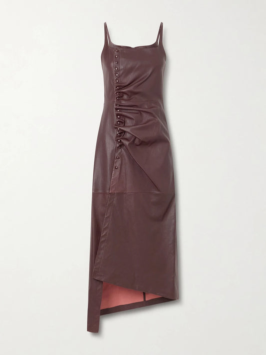 Image of Dresses. Product name - Asymmetric Ruched Leather Midi Dress in Brown colour by brand - RABANNE