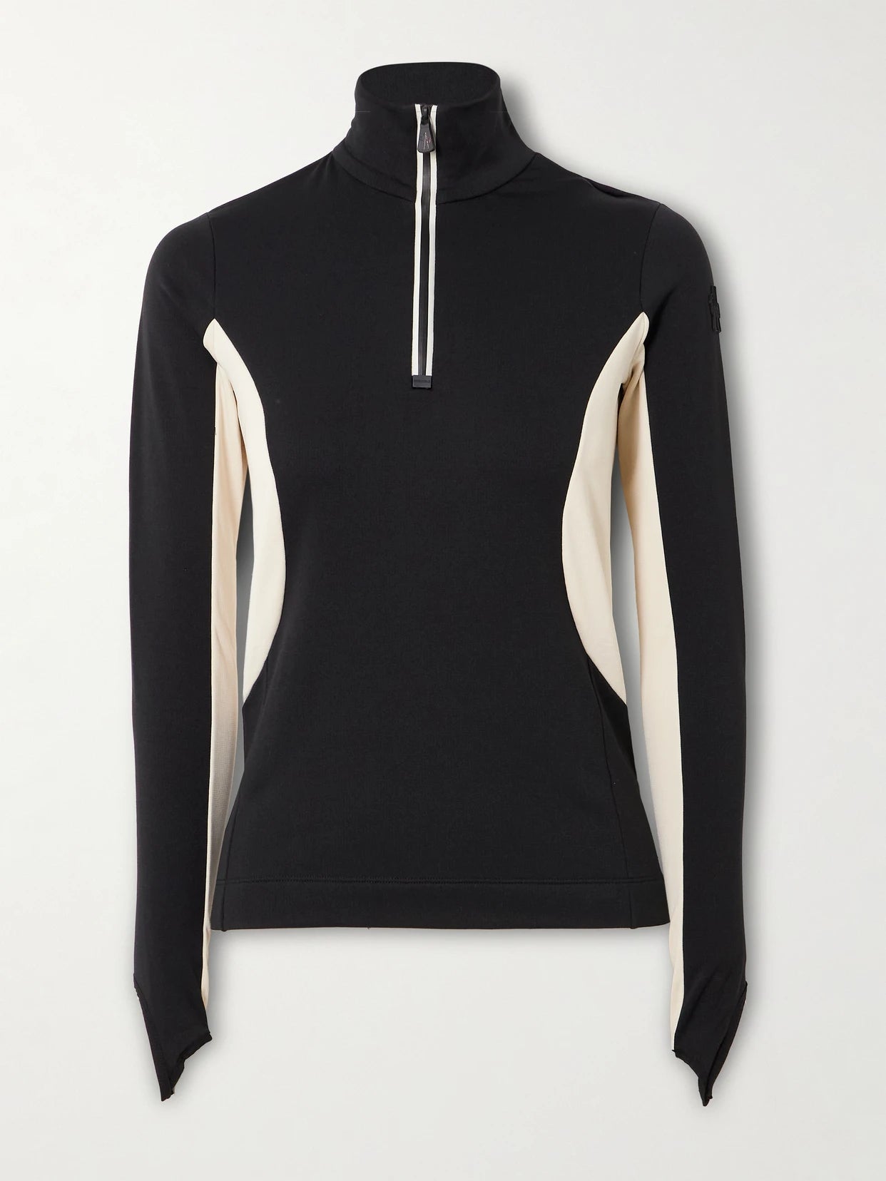 Image of a model wearing Tops. Product name - Color-block Stretch-jersey Base Layer in Black colour by brand - Moncler Grenoble