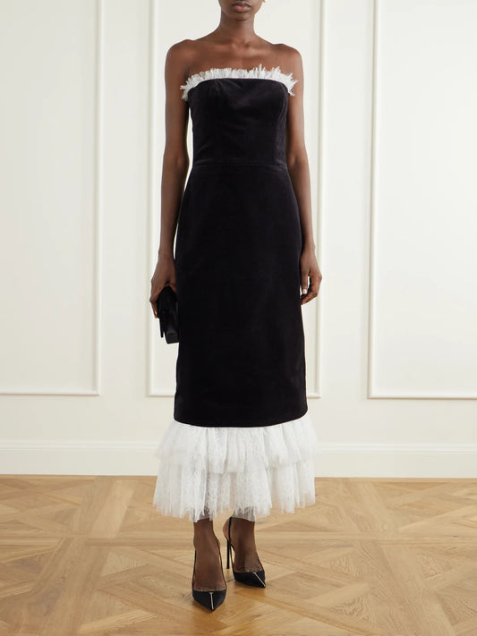 Image of Dresses. Product name - Isabetta Strapless Tulle And Lace-trimmed Cotton-velvet Midi Dress in Black colour by brand - Costarellos