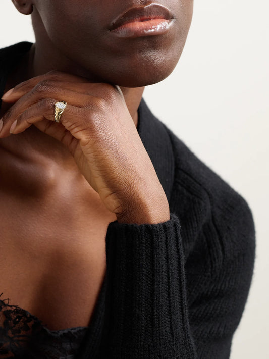 Image of Rings. Product name - Baby Chevalière Marquise Berlingot 9-karat Gold Diamond Signet Ring in Multi colour by brand - Yvonne Léon