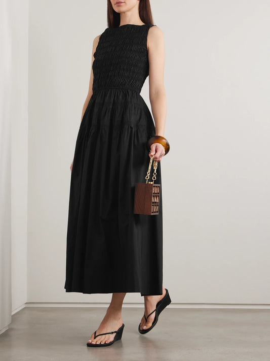 Image of Dresses. Product name - Melie Shirred Paneled Pleated Organic Cotton-poplin Midi Dress in Black colour by brand - DÔEN
