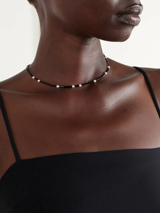 Image of Necklaces. Product name - Night Sky Sterling Silver, Pearl And Onyx Beaded Necklace in Multi colour by brand - Sophie Buhai