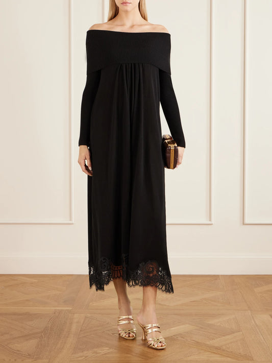 Image of Dresses. Product name - Valiant Off-the-shoulder Lace-trimmed Tencel-blend Maxi Dress in Black colour by brand - Zimmermann