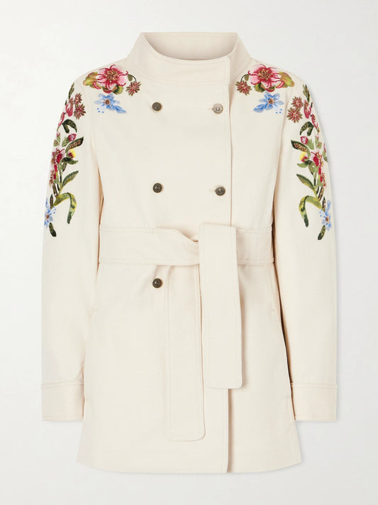 Belted Embellished Embroidered Denim Jacket