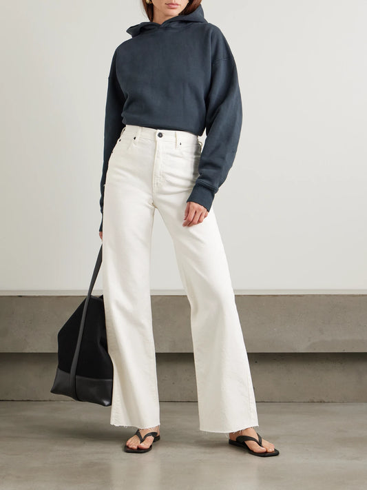Image of Jeans. Product name - Grace Frayed High-rise Wide-leg Jeans in White colour by brand - SLVRLAKE