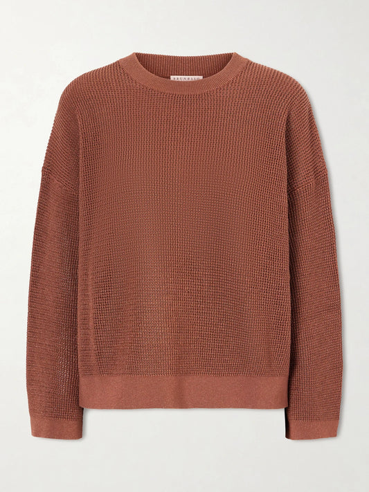 Image of a model wearing Outerwear. Product name - Metallic Open-knit Cotton-blend Sweater in Red colour by brand - Brunello Cucinelli