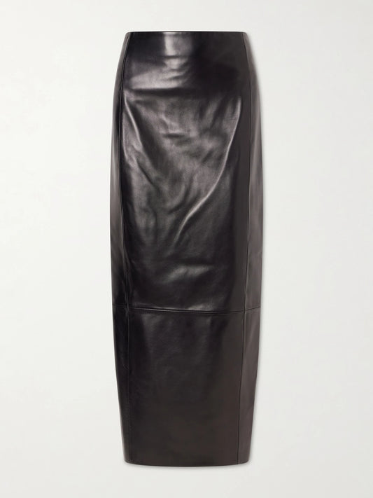 Image of a model wearing Skirts. Product name - Lyle Leather Midi Skirt in Black colour by brand - KHAITE