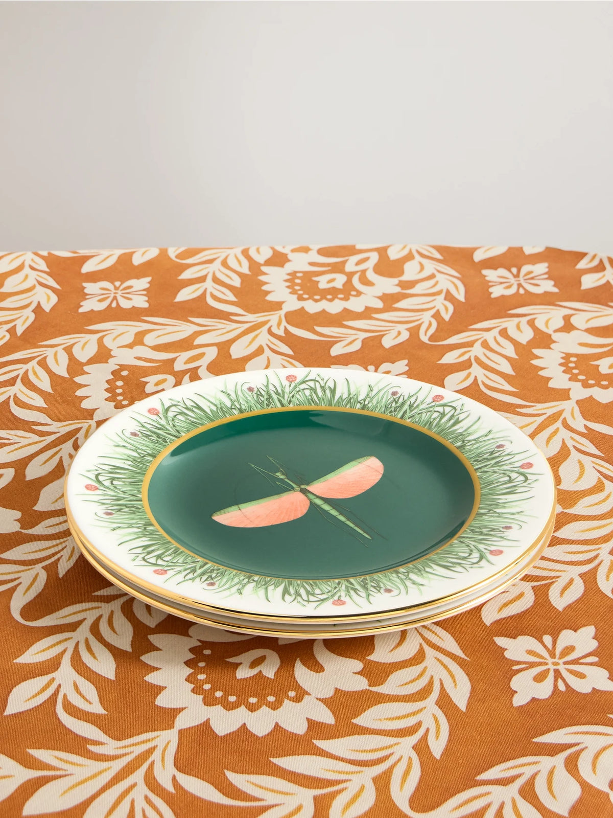 Set Of Two Gold-plated Printed Porcelain Dinner Plates