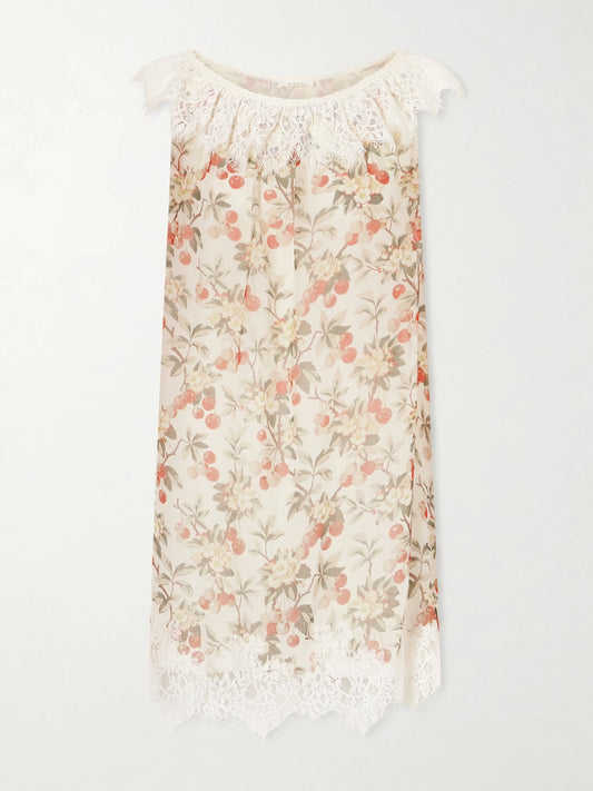 Image of Dresses. Product name - Paloma Lace-trimmed Floral-print Silk-chiffon Mini Dress in Multi colour by brand - DÔEN