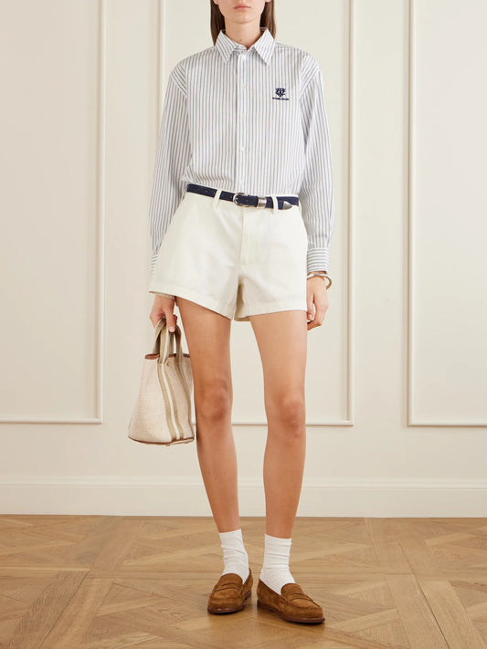 Image of a model wearing Tops. Product name - + Wimbledon Embroidered Striped Cotton-poplin Shirt in Blue colour by brand - Polo Ralph Lauren