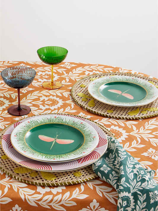 Image of Tableware. Product name - Set Of Two Gold-plated Printed Porcelain Dinner Plates in Green colour by brand - La DoubleJ