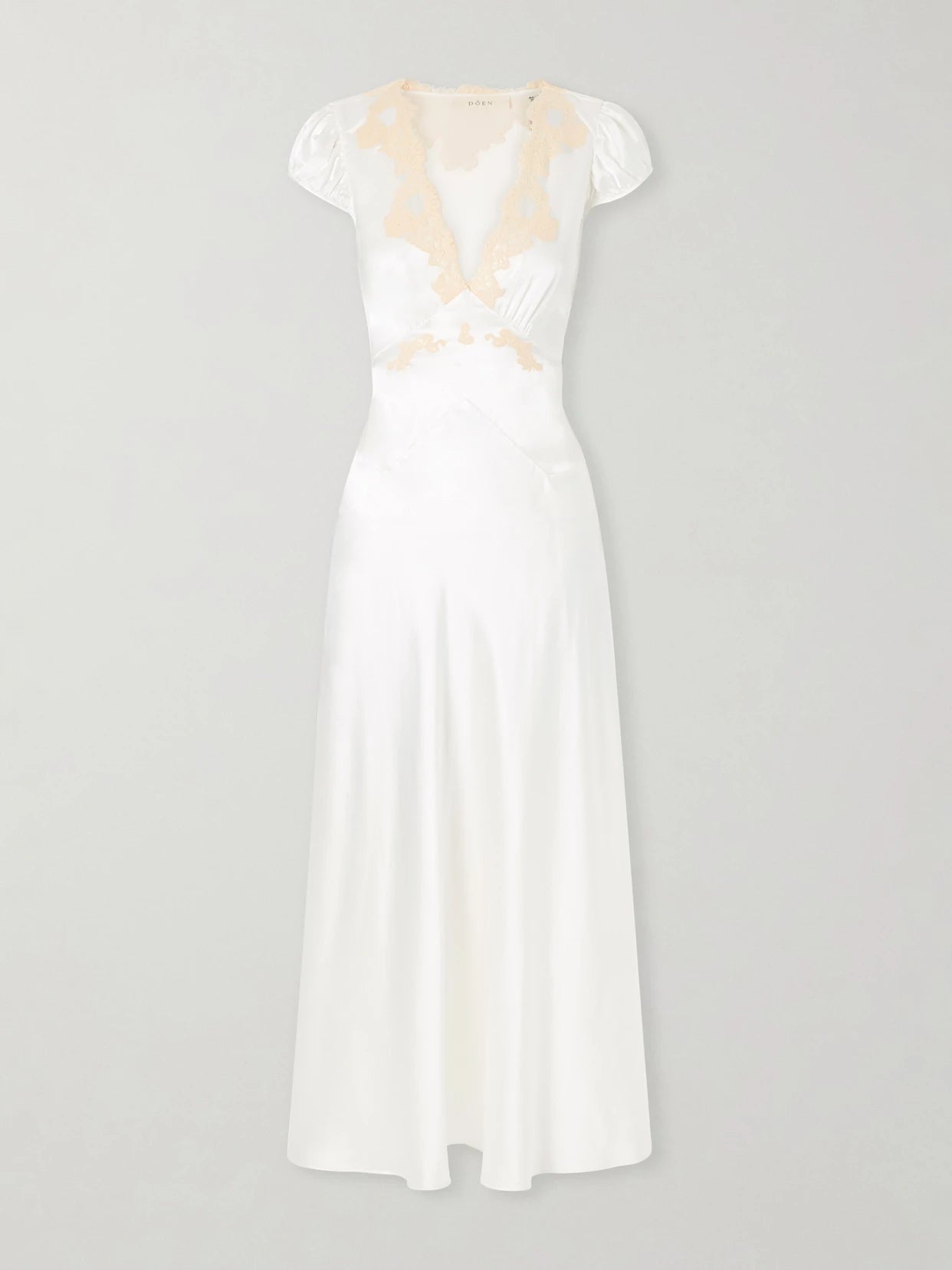 Image of Dresses. Product name - Coraline Corded Lace-trimmed Silk-satin Midi Dress in White colour by brand - DÔEN