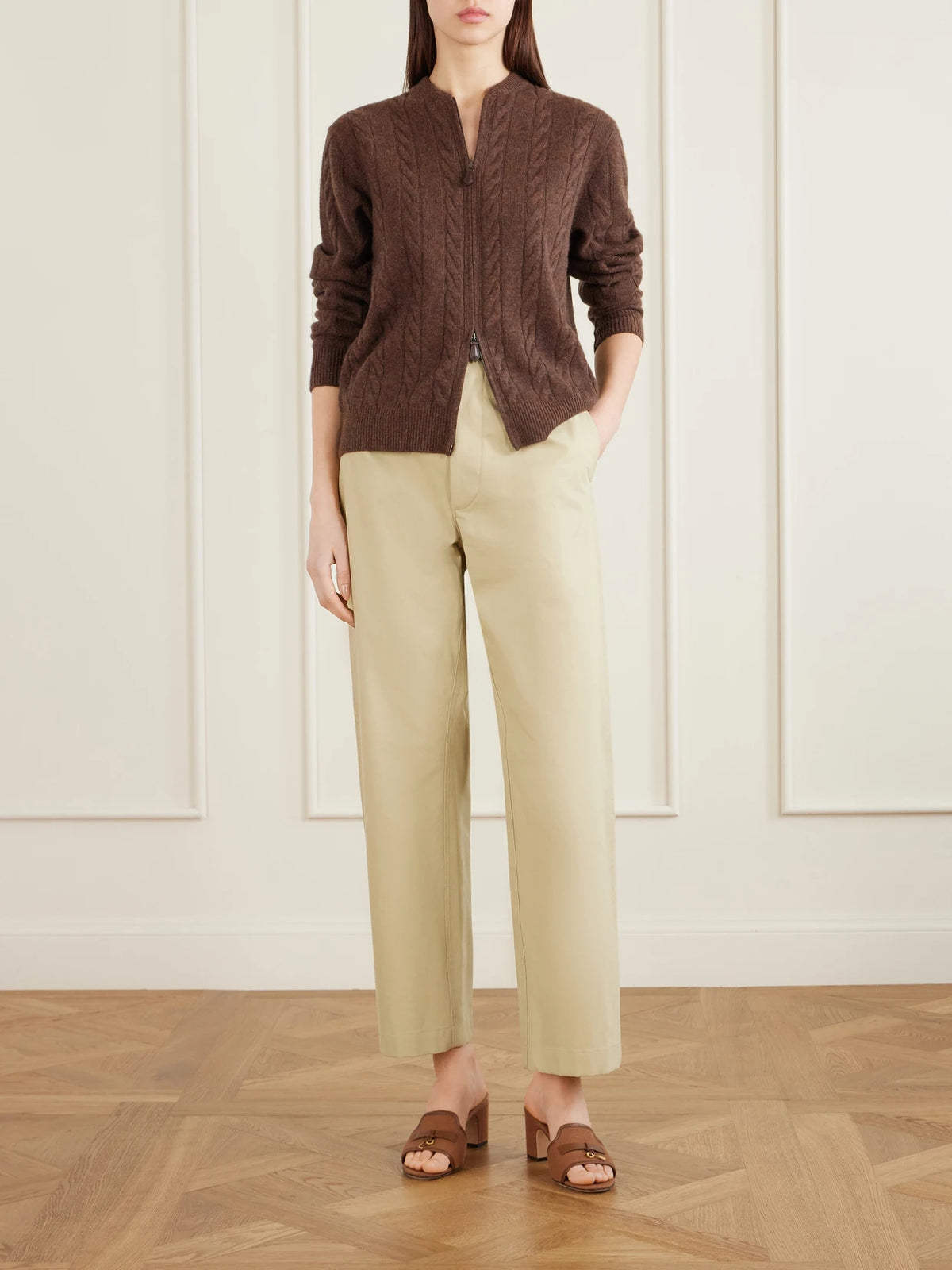 Image of Heels. Product name - Summer Charms Embellished Leather-trimmed Canvas Mules in Brown colour by brand - Loro Piana