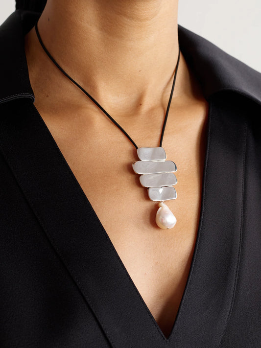 Image of Necklaces. Product name - Baroque Ilona Recycled Sterling Silver, Suede And Pearl Necklace in Multi colour by brand - AGMES