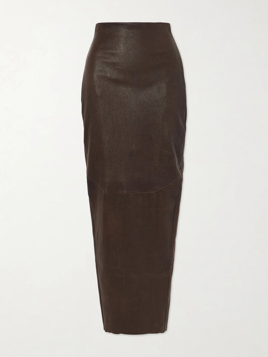 Image of a model wearing Skirts. Product name - Dirt Pillar Textured-leather Maxi Skirt in Brown colour by brand - Rick Owens