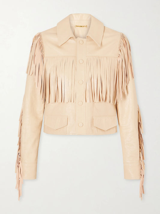 Image of Coats & Jackets. Product name - Fringed Leather Jacket in Blush colour by brand - Chloé