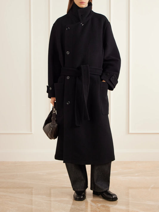 Image of Coats & Jackets. Product name - Belted Double-breasted Wool-felt Coat in Black colour by brand - LEMAIRE