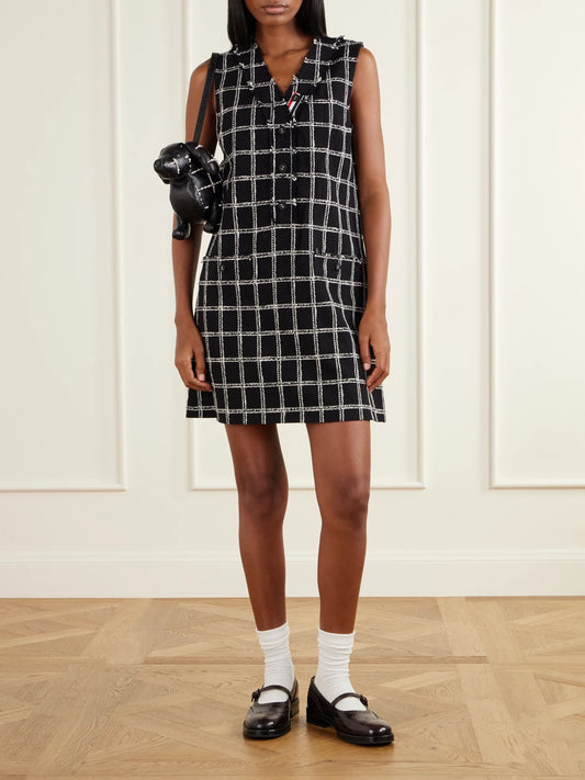 Image of Dresses. Product name - Houndstooth Wool-blend Mini Dress in Black colour by brand - Thom Browne