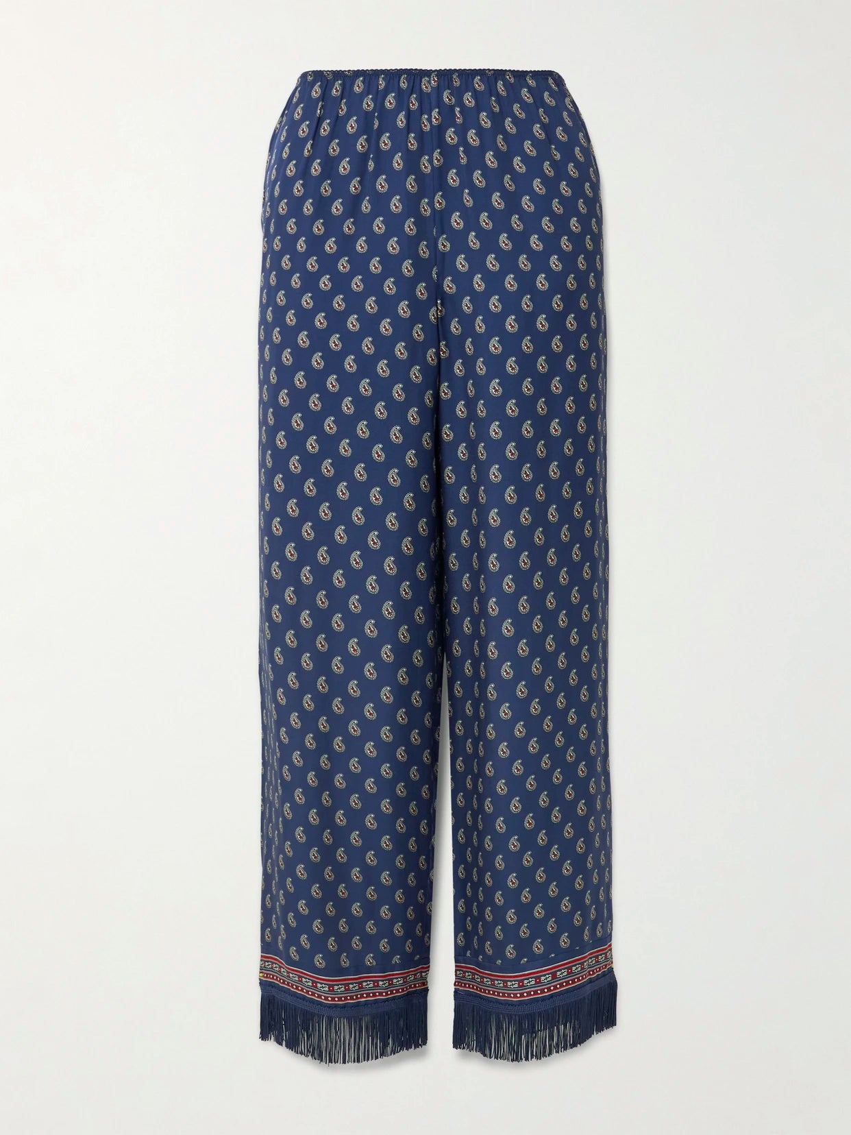 Image of a model wearing Pants. Product name - Lavon Fringed Paisley-print Silk Straight-leg Pants in Navy colour by brand - DÔEN