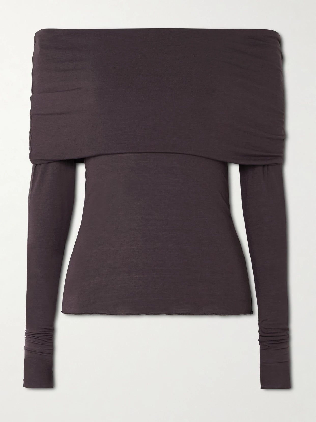 Image of Sleepwear & Loungewear. Product name - Sheer Modal-blend Off-shoulder Long-sleeve Top - Phoenix in Brown colour by brand - SKIMS