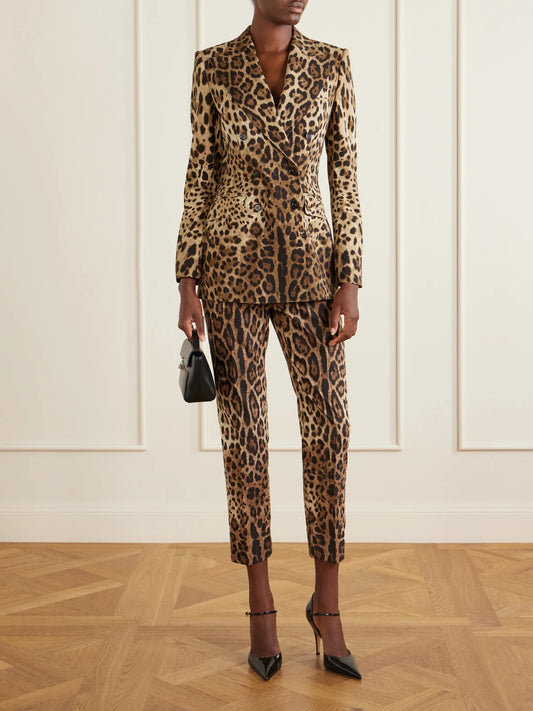 Image of a model wearing Outerwear. Product name - Leopard-print Wool Blazer in Leopard print colour by brand - Dolce & Gabbana