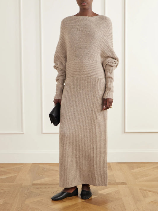 Image of Dresses. Product name - Lomma Ribbed Yak, Cashmere And Wool-blend Maxi Dress in Beige colour by brand - Ruohan