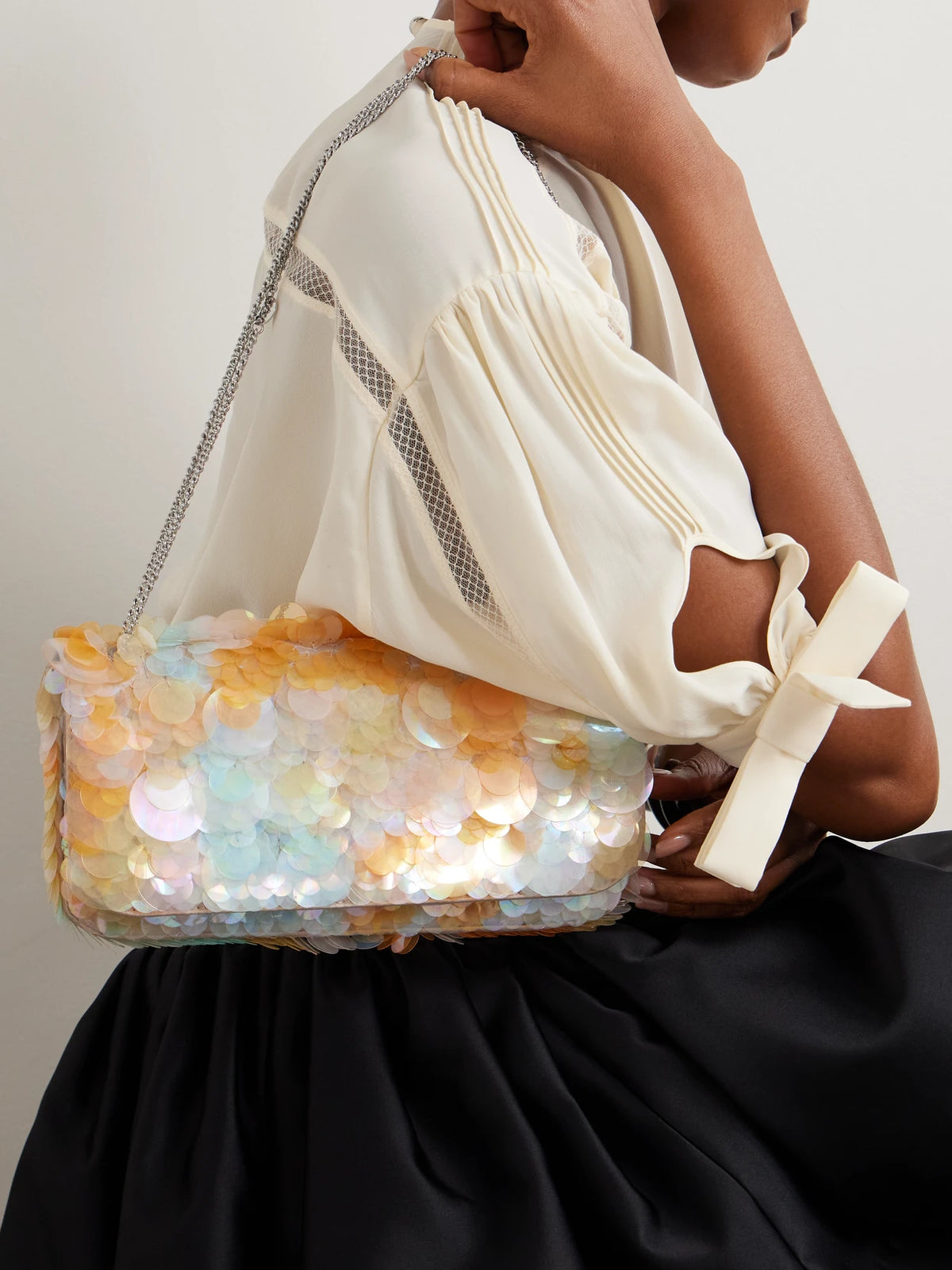 Image of Bags. Product name - Sequined Satin Shoulder Bag in Coral colour by brand - RABANNE