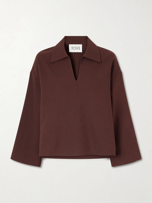 Image of a model wearing Tops. Product name - Poplin Blouse in Brown colour by brand - TOVE
