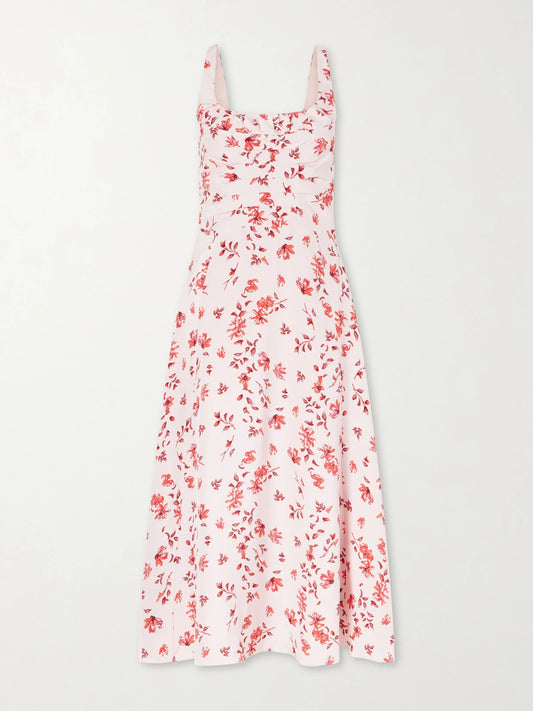 Image of Dresses. Product name - Verena Ruched Floral-print Silk Midi Dress in Baby pink colour by brand - Emilia Wickstead