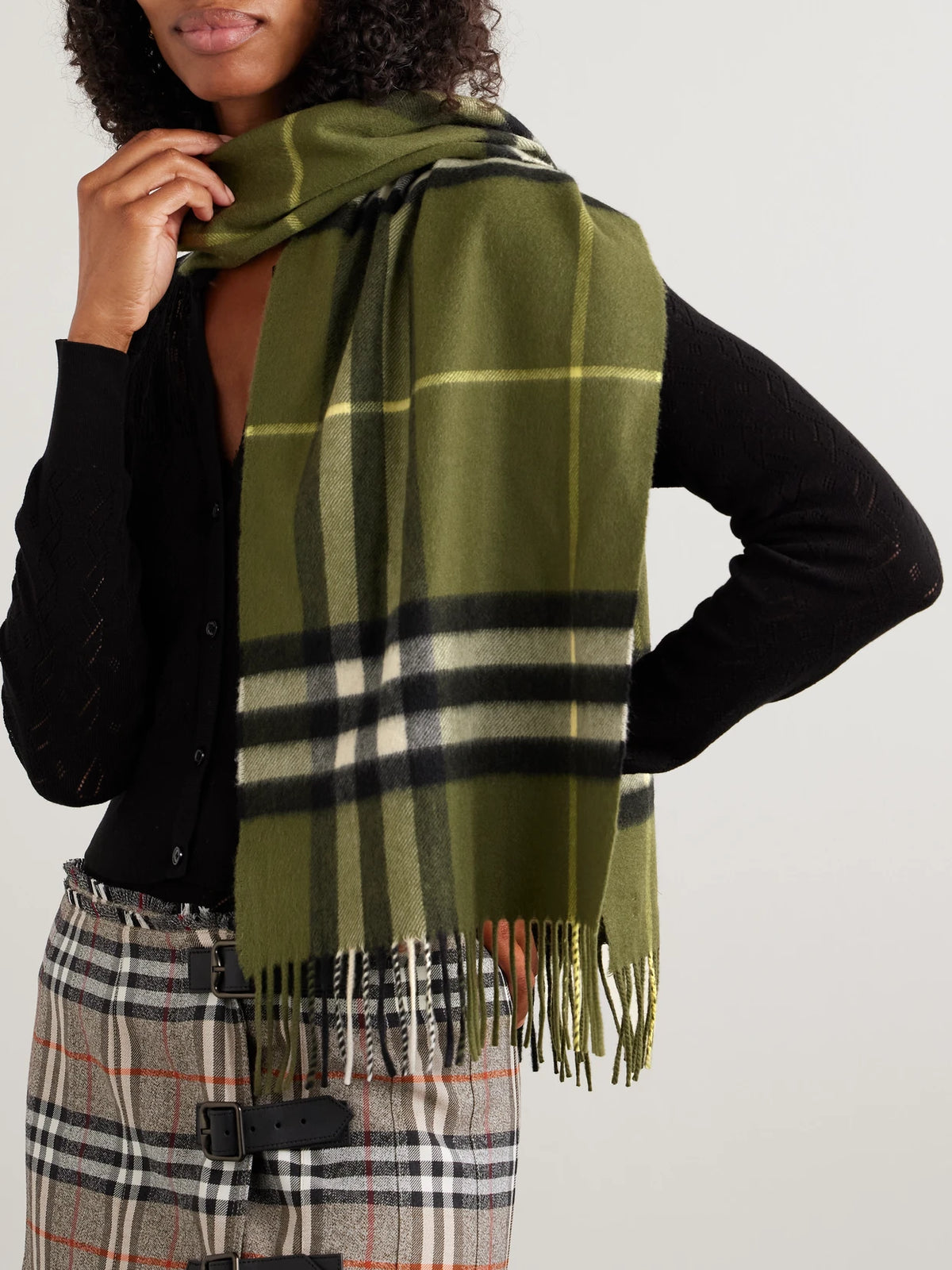 Image of Scarves & Shawls. Product name - Fringed Checked Cashmere Scarf in Forest green colour by brand - Burberry