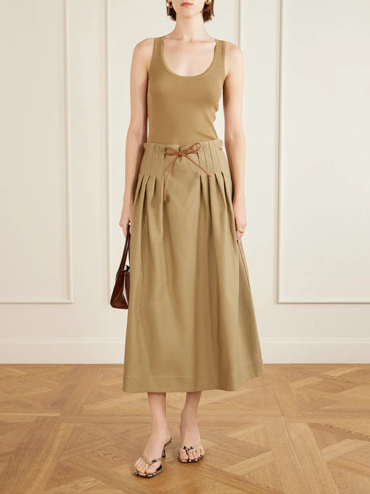 Image of a model wearing Tops. Product name - Ribbed Woven Tank in Army green colour by brand - Max Mara