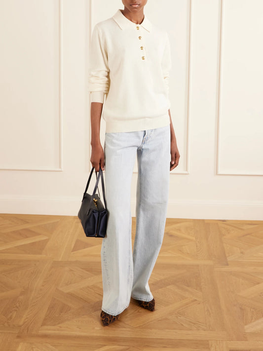 Image of a model wearing Outerwear. Product name - Highland Wool And Cashmere-blend Polo Sweater in Neutral colour by brand - BLAZÉ Milano