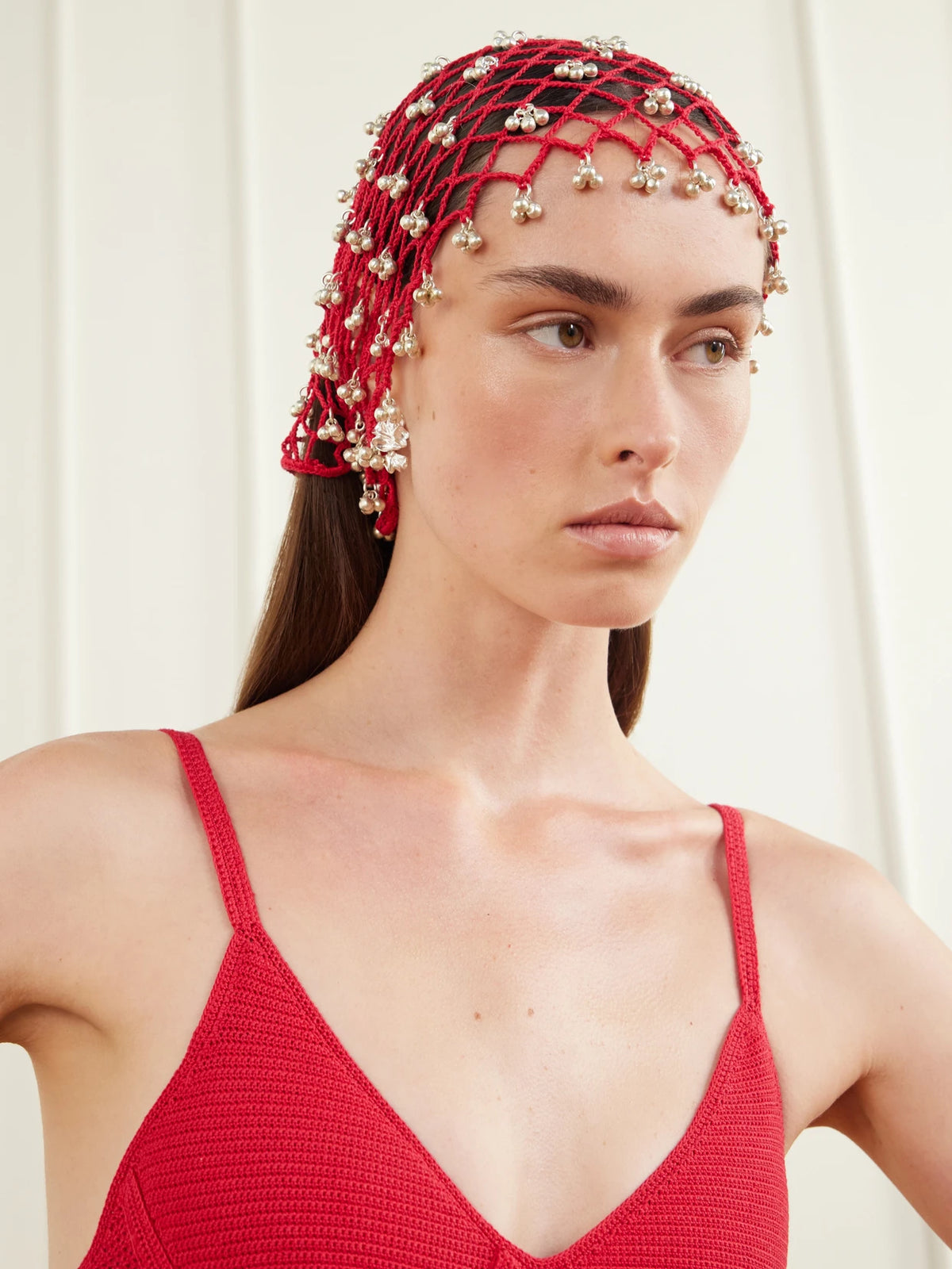 Image of Hats. Product name - Embellished Cotton Crochet-knit Bandana in Red colour by brand - Yoshita 1967