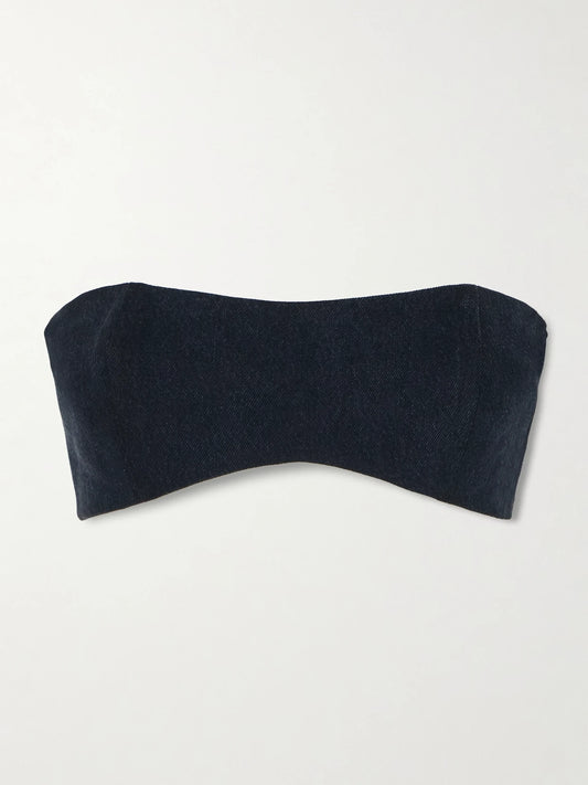 Image of a model wearing Tops. Product name - + Maria Mcmanus Organic And Recycled-denim Bandeau Top in Black colour by brand - AGOLDE