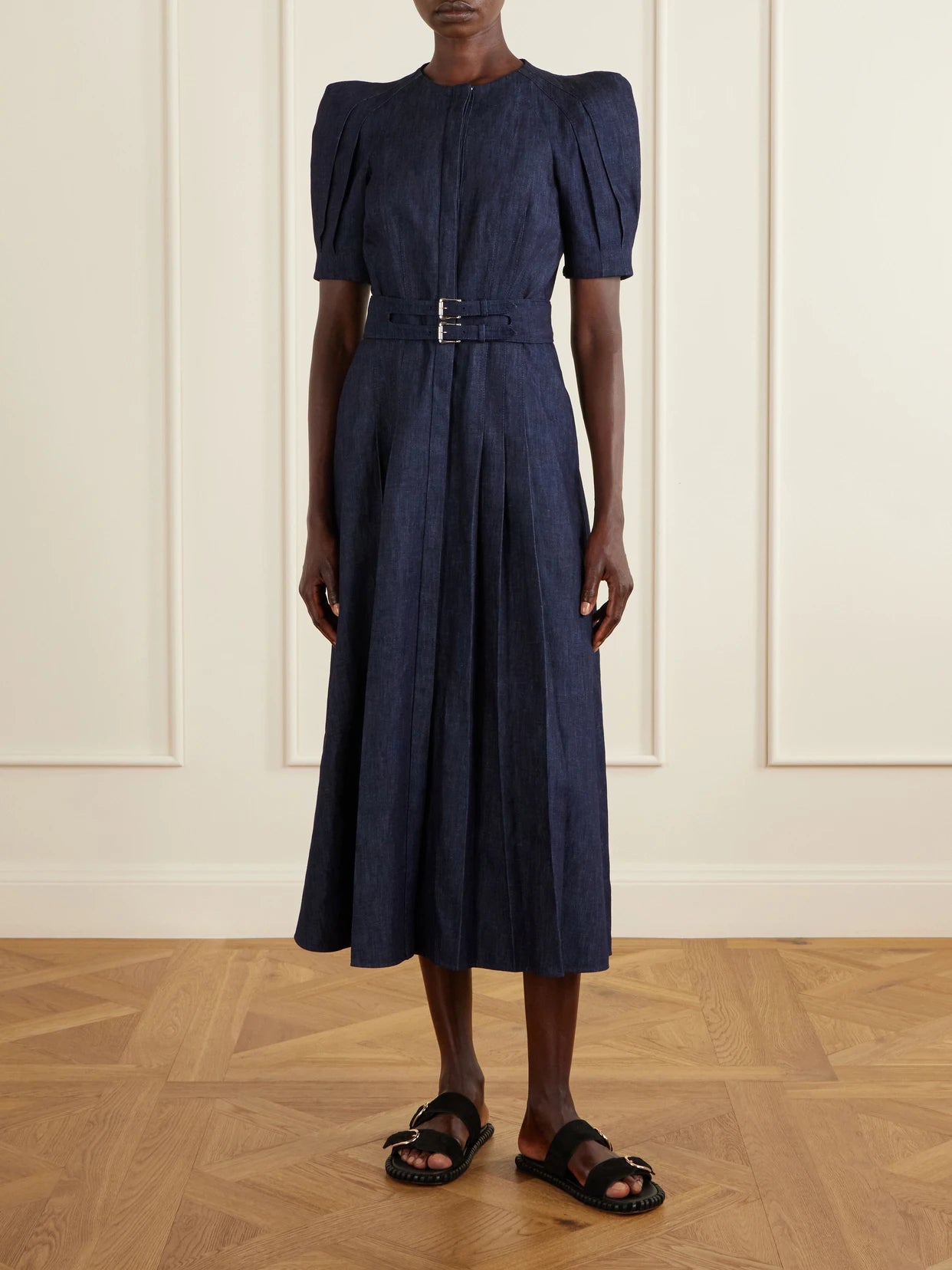 Image of Dresses. Product name - Patricia Belted Cotton And Linen-blend Denim Midi Dress in Dark denim colour by brand - Gabriela Hearst