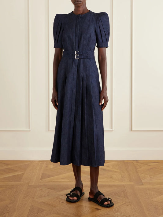 Image of Dresses. Product name - Patricia Belted Cotton And Linen-blend Denim Midi Dress in Dark denim colour by brand - Gabriela Hearst
