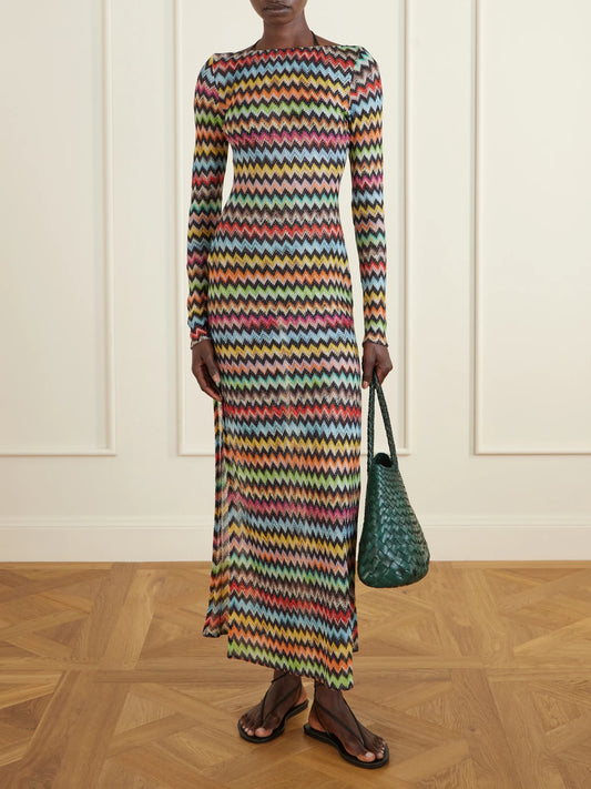 Image of Dresses. Product name - Striped Metallic Crochet-knit Cover-up in Multi colour by brand - Missoni