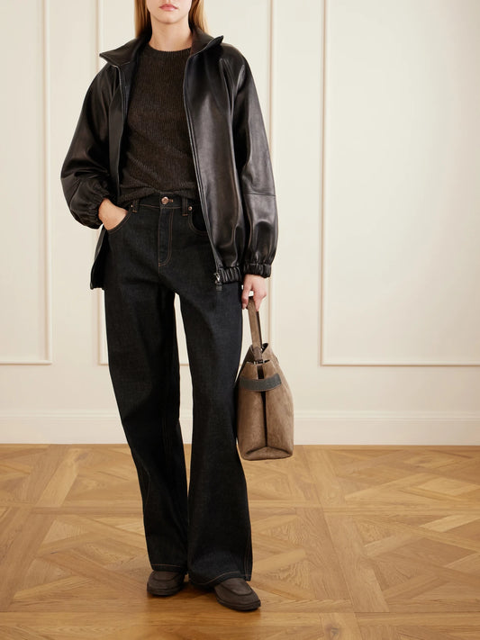 Image of a model wearing Outerwear. Product name - Metallic Silk, Alpaca And Wool-blend Sweater in Dark brown colour by brand - Brunello Cucinelli