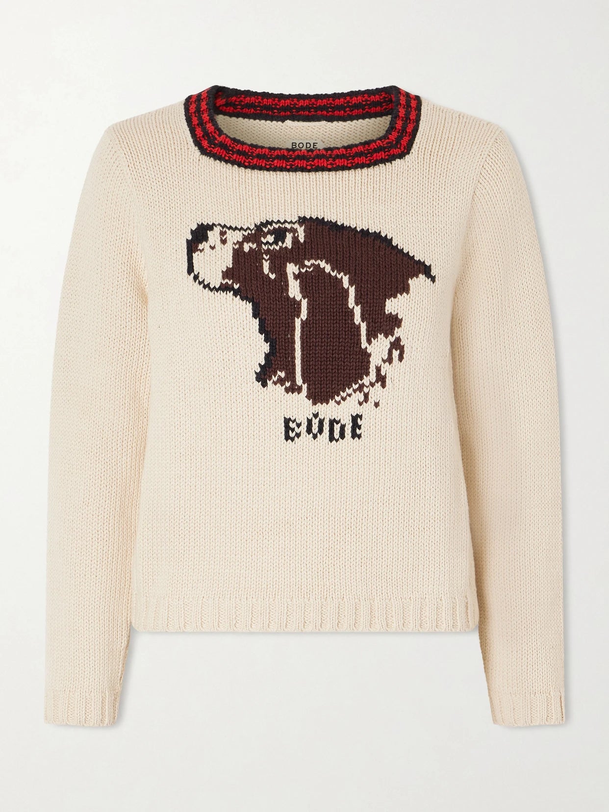 Image of a model wearing Outerwear. Product name - Spaniel Intarsia Pima Cotton And Merino Wool-blend Sweater in Cream colour by brand - BODE