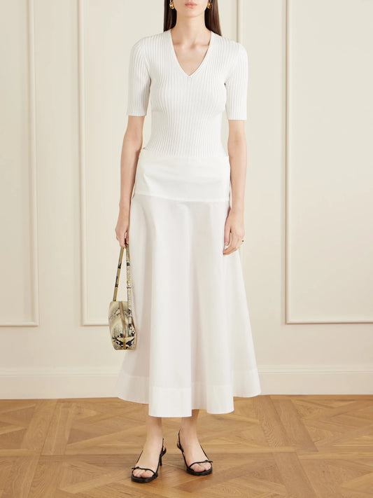 Image of a model wearing Tops. Product name - Pointelle-knit Crepe T-shirt in White colour by brand - Theory