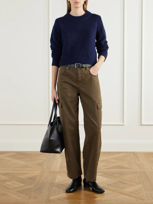 Image of a model wearing Outerwear. Product name - Mini Marin Cropped Ribbed Wool And Cashmere-blend Sweater in Navy colour by brand - La Ligne